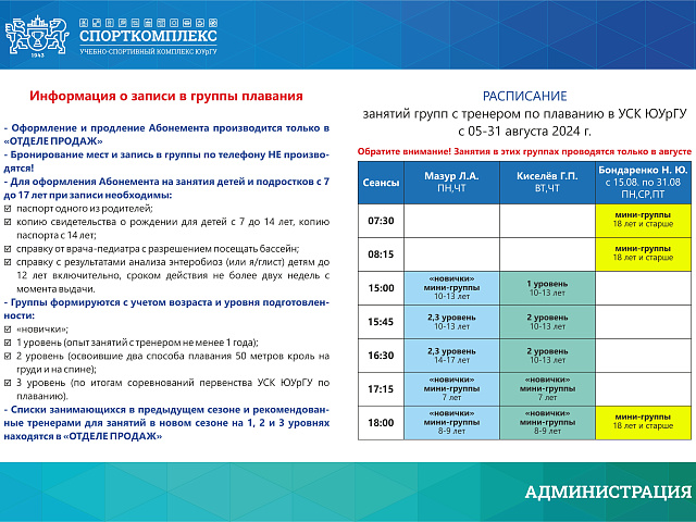 Расписание групп по плаванию с тренером на АВГУСТ