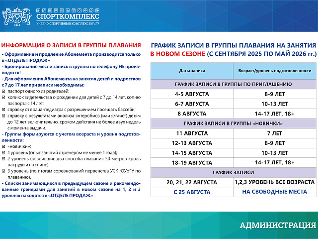 Запись в группы по плаванию на новый сезон сентябрь-май 2025-2026гг